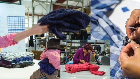 Collage of photos of The Renewal Workshop creating recycled clothes