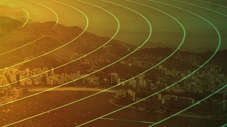 An panorama of Rio de Janeiro superimposed over the image of a track