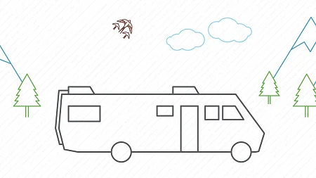 Illustration showing and RV with mountains and trees on a white stripped background