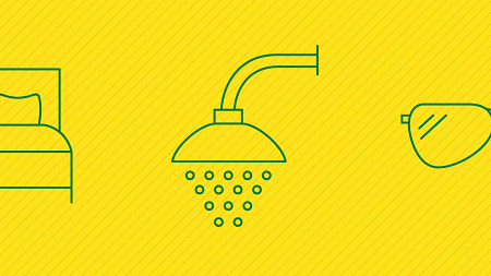 Graphic icons of a bed, shower, and sunglasses