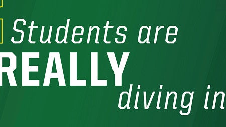 Text 'students are really diving in' against dark green background