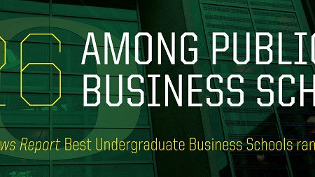The words "ranked 26 among public business schools" against green overlay of Lillis building