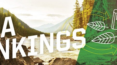 MBA Rankings and icons in white against background of Oregon river scene
