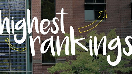 Photo of the front of the Lillis Business Complex with the words -highest rankings-