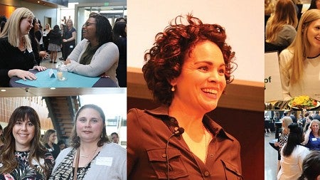 Collage of photos of students and donors networking at the 2018 Women in Business gala