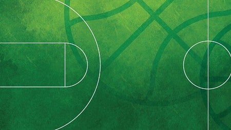 Line drawing of a basketball court in white against a green background