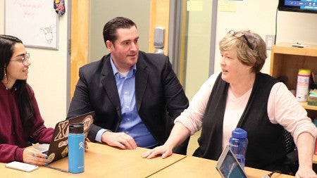 Jared Barlow and Collette Niland chat with students
