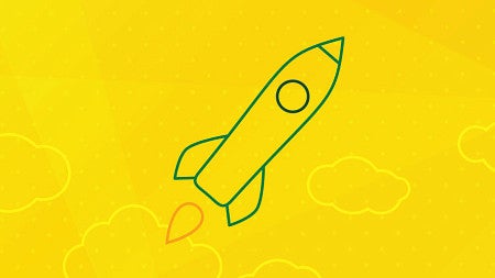 Green icon lineart of a rocket on a yellow background