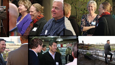 A collage of photos of people at the event, including some in the audience listen, speaker presenting and people network at a reception