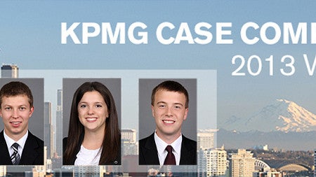 Headshots of each of the four winning students on a picture of Seattle skyline