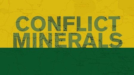 illustration image with the following words overlaid and semi-transparent on a map: Conflict Minerals