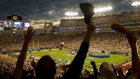 Crowd cheers for Thunderbirds at the Super Bowl