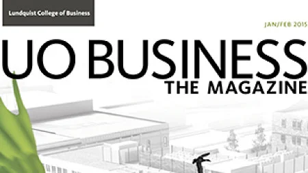 Cover image of the issues showing a artist rendering of a Portland building in the background faded out with a colorful mallard duck in green tones seeming to fly from the spine of the magazine over the building image