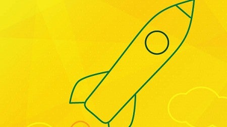 Green lineart of a rocket against a yellow background