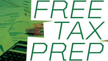 "Free Tax Prep" against background of tax documents