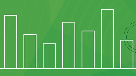 Lineart icon of a bar graph and magnifying glass against a green background