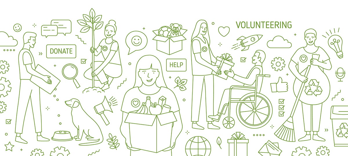 Line drawing of people doing yardwork and various tasks.