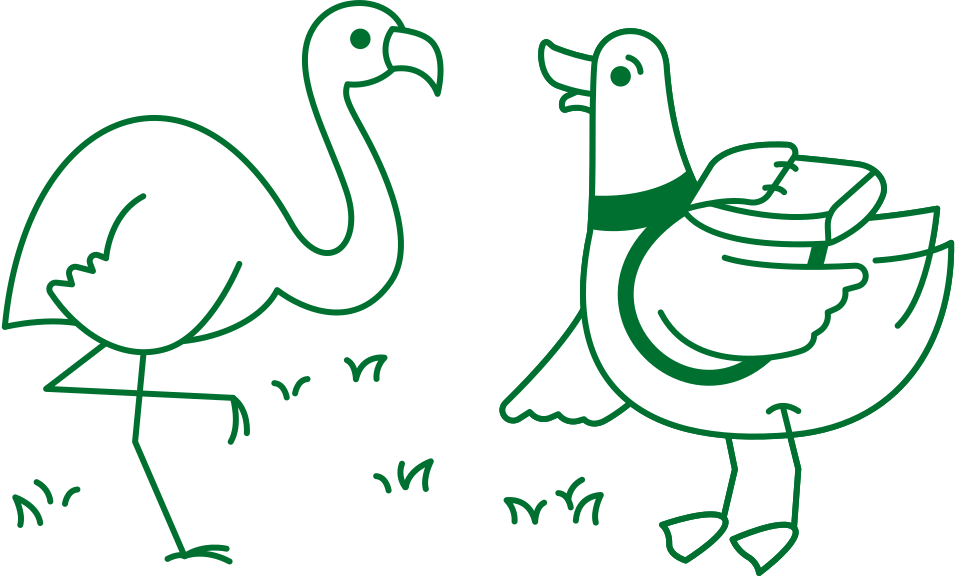 Duck student pointing "here" with flamingo