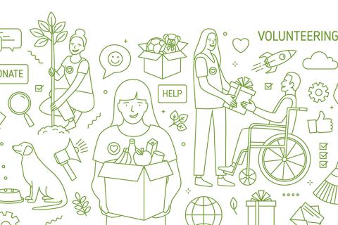 Line drawing of people doing yardwork and various tasks.