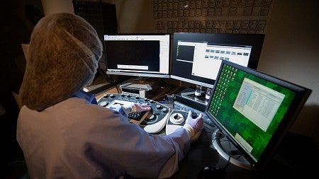 Researcher looks at images on screens in lab
