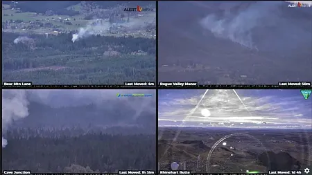 four screenshots of wildfire camera footage