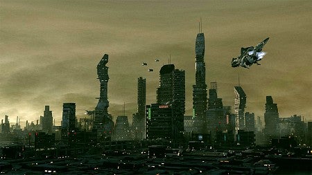 Sci-fi scene of a futuristic city scape with space ships flying around