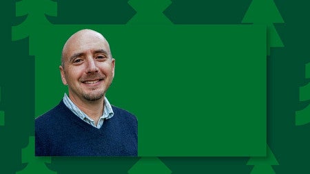 a headshot of a person over a design of green