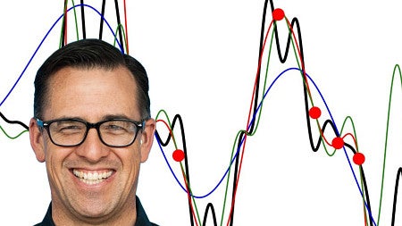 a headshot of a person wearing glasses with line curves behind him