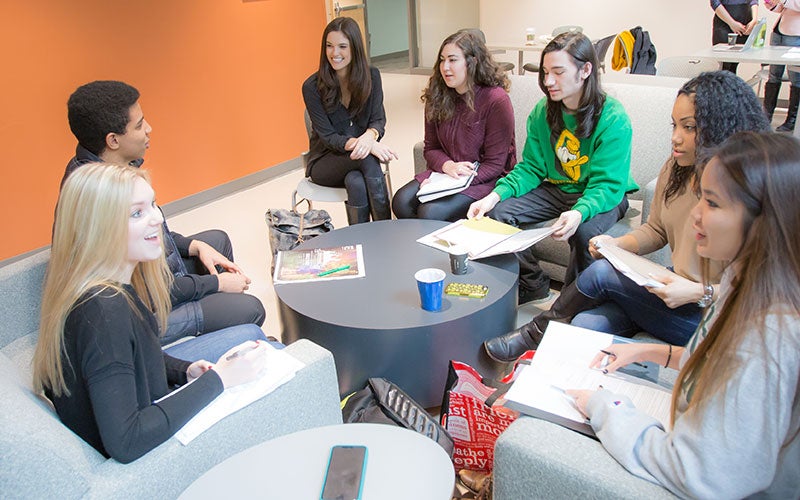 Friends get together to study and talk.