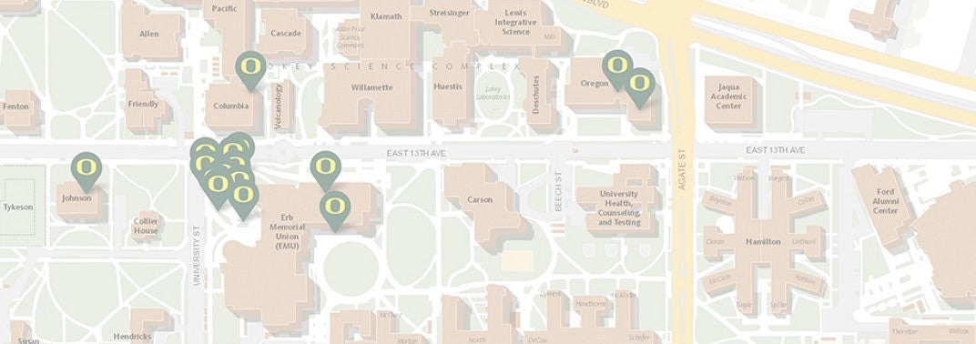 Screenshot of the UO Maps website with many location pins 