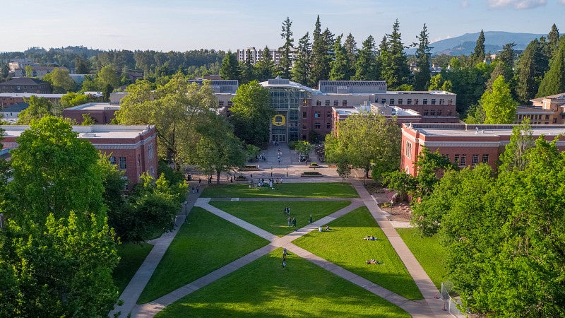 Ariel view of campus, Lillis Business Complex