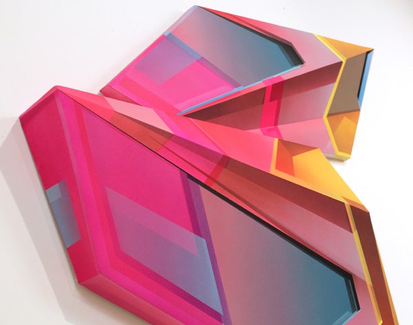 Detail from Faste’s “Protoform Yellow Brown Pink,” 2013, 52” x 48” x 6,” acrylic on canvas. Detail from Faste’s “Protoform Yellow Brown Pink,” 2013, 52” x 48” x 6,” acrylic on canvas.