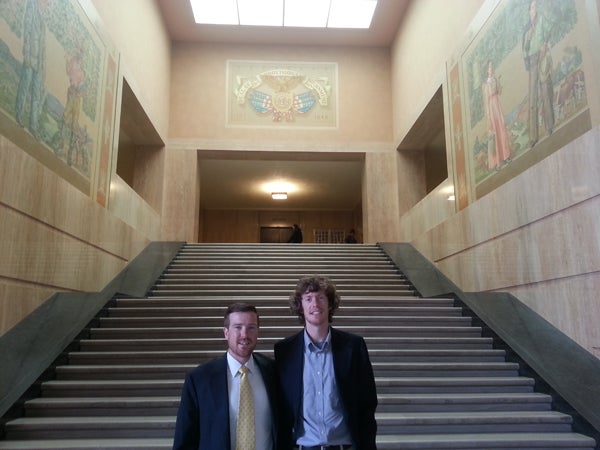 MCRP student Joe McAndrew (right) and MPA student David McKay (left) in the Oregon Capitol rotunda. Photograph courtesy Joe McAndrew. Joe McAndrew