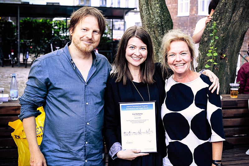 Interior architecture award winner Lisa Hartanov (center) with Architecture and Design (AD) Faculty Birgitte Borup and visiting Faculty Markus Berger of the Rhode Island School of Design