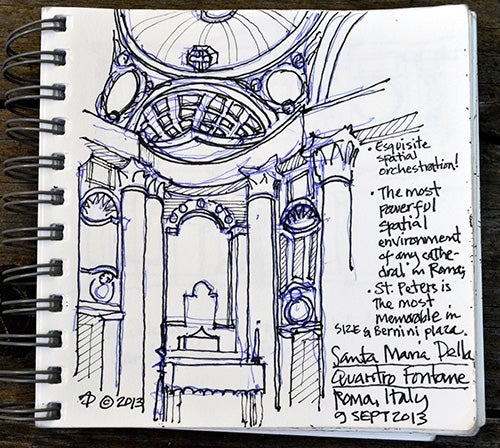 The Santa Maria Delle Quattro Fontane in Rome captured Paz’s attention during his 2013 European tour. Rome sketch