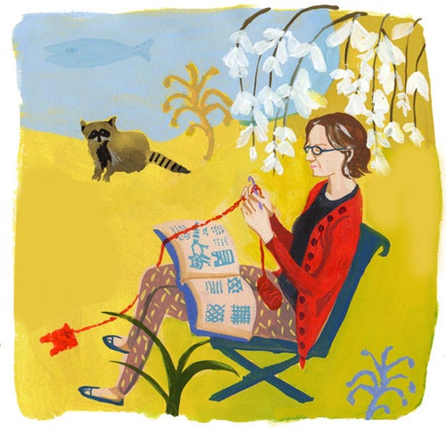 “A portrait of my friend Jenna making a sweater for a raccoon – true story,” Kroik says. A portrait of my friend Jenna making a sweater for a raccoon