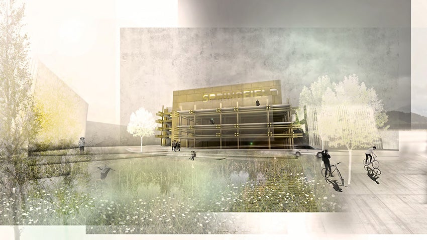 Kaito: A Mass Timber Parking Structure for Springfield, Oregon was designed by undergraduate students Tom Adamson, Ryan Kiesler, and Tom Moss.