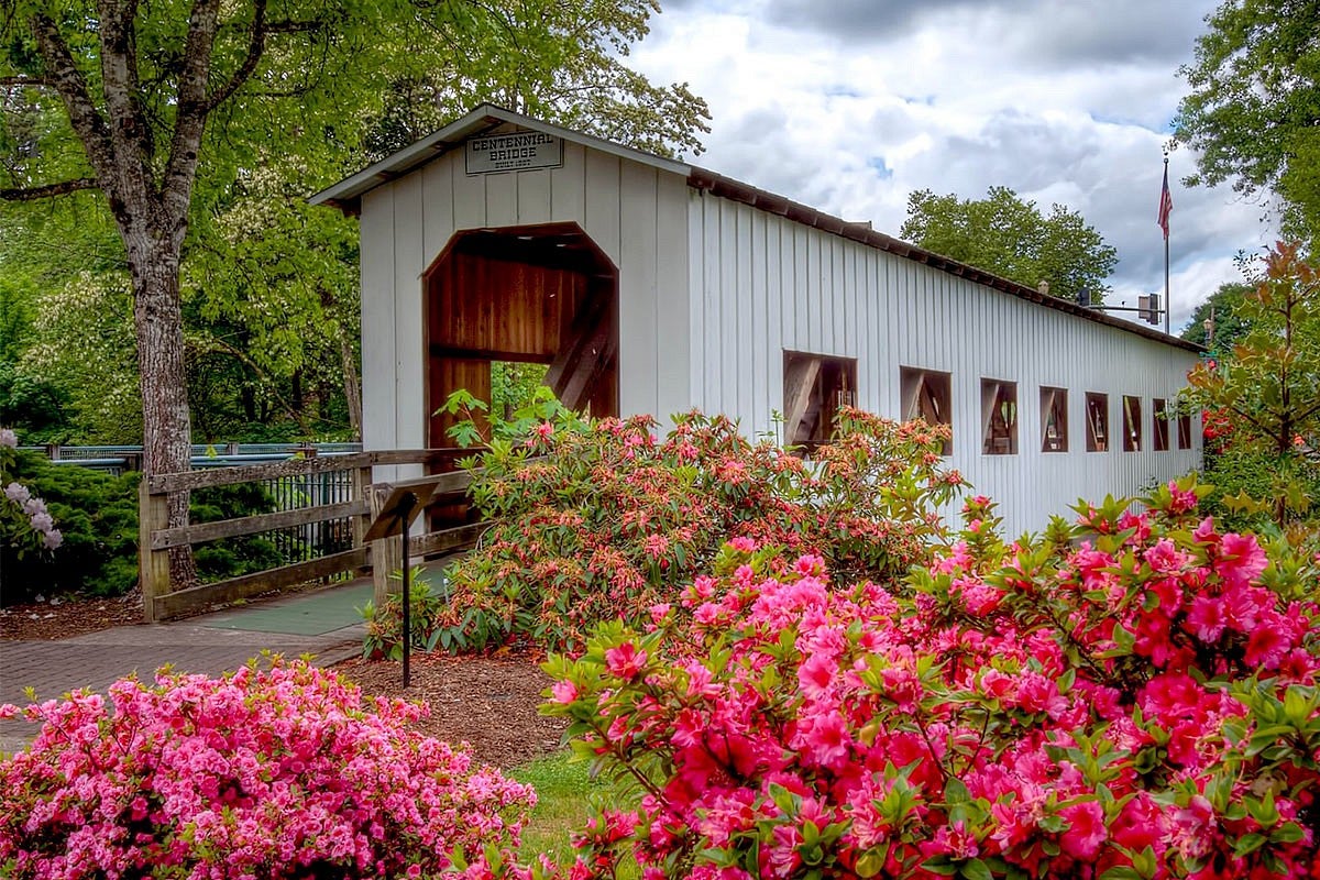 A photo of the historic Centennial Bridge in Cottage Grove, Oregon