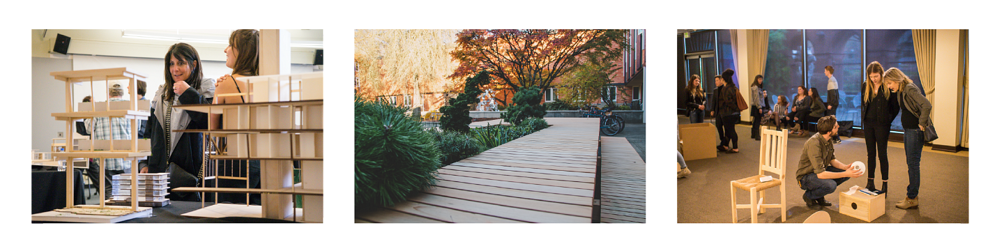 Three photos that show Architecture, Landscape Architecture, and Interior Architecture projects