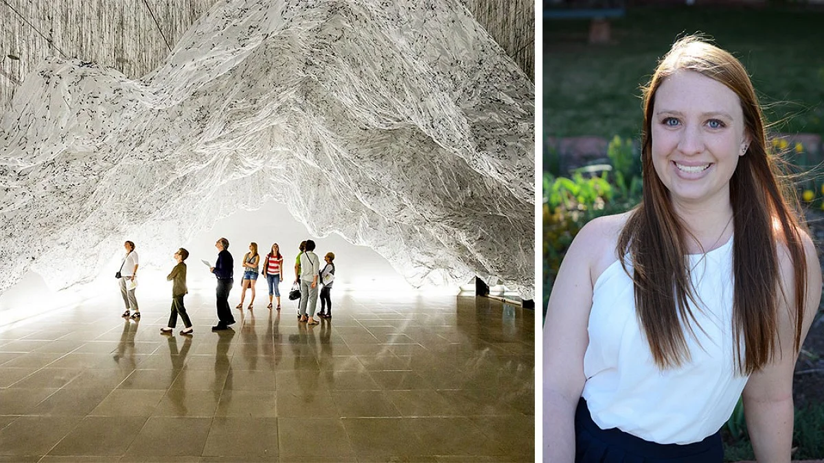 Photo of an art installation and a photo portrait of Emily Lawhead