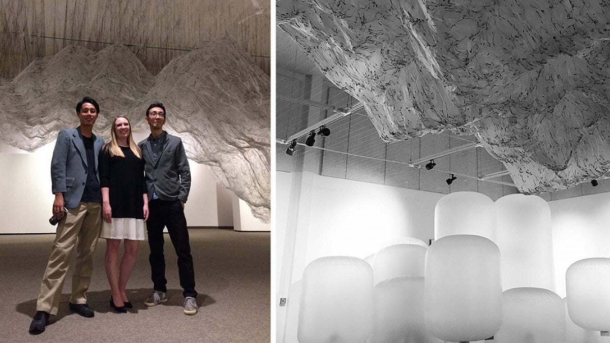 Photo of an art installation and a photo portrait of Emily Lawhead