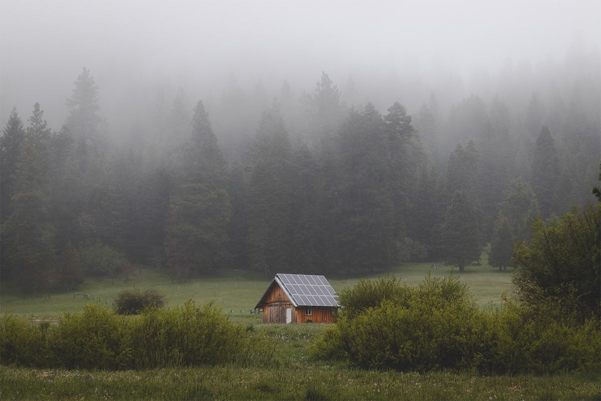 barn in misty field