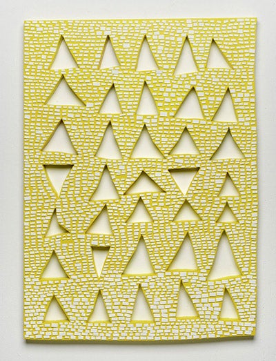 click image to enlarge Bricks on Yellow, artwork by Amanda Wojick. Wood, paper, paint, 22x30x1.