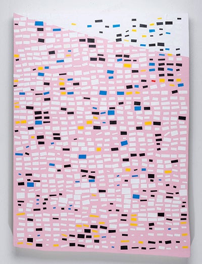 click image to enlarge Costume, artwork by Amanda Wojick. Paint, paper, canvas, wood, 38x27.