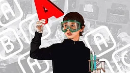image of young individual holding up the letter A and some books