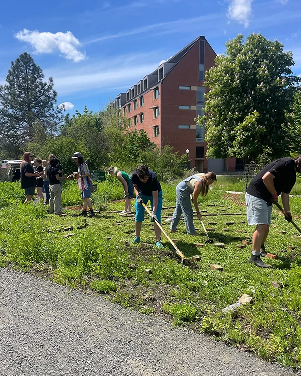 Students outside raking in a garden
