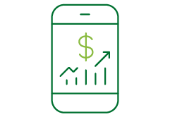 outline of a tablet computer showing a chart with an upward trend line, and a large dollar sign over the chart.