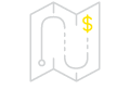 Outline of a partially folded map showing a route with a yellow dollar sign at the end
