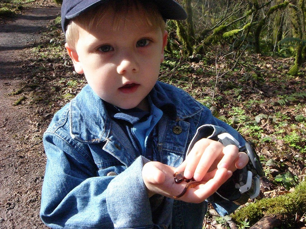 child on nature path holding salamamder up to camera