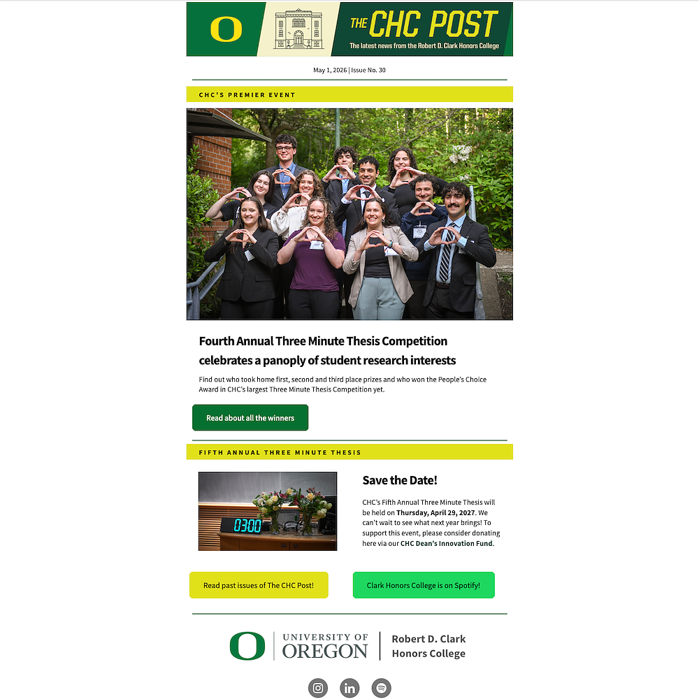 screenshot of an email newsletter showing a group of students throwing the O